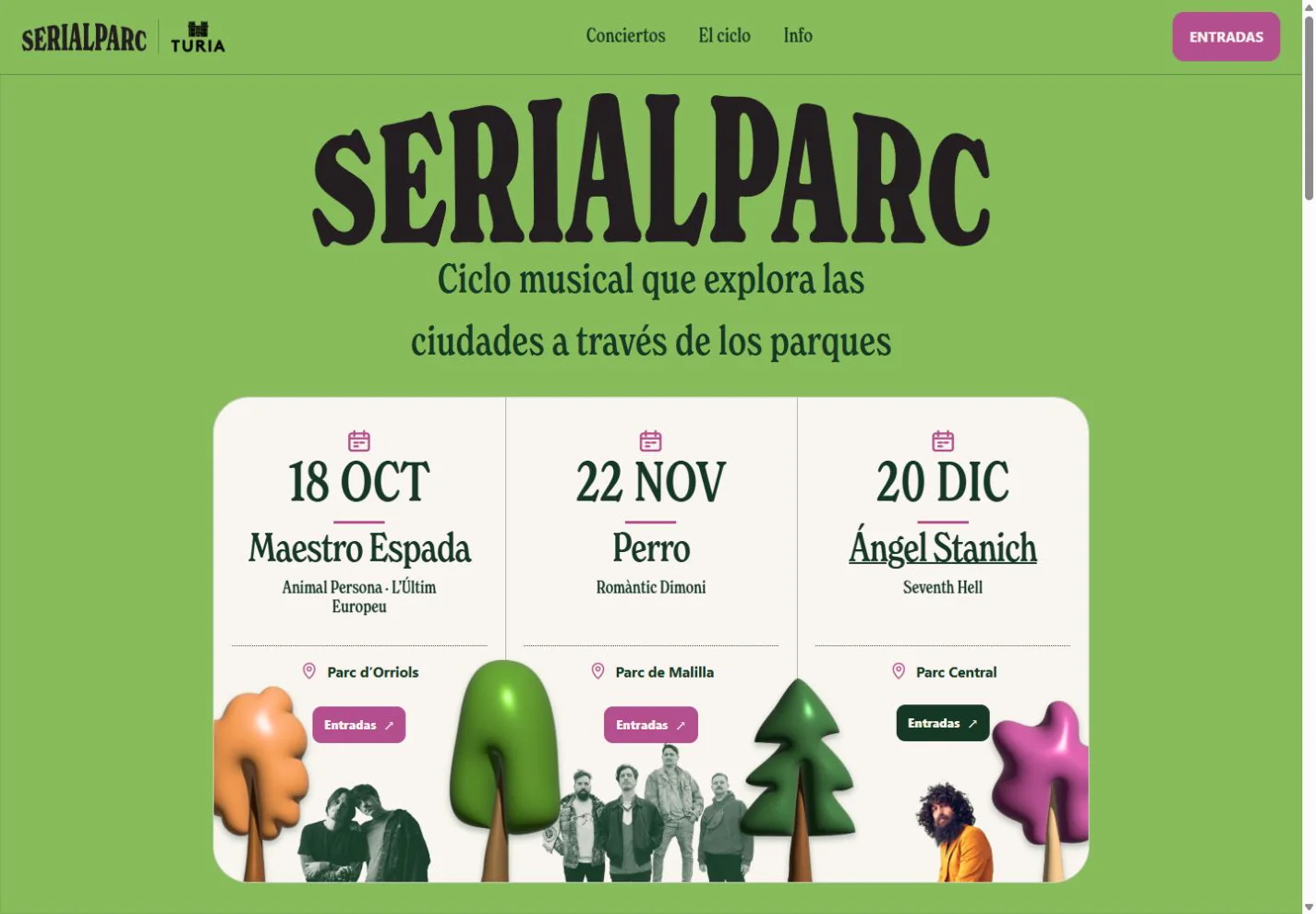 Página de inicio de Serialparc 2026 con tres conciertos distribuidos en un tríptico editorial